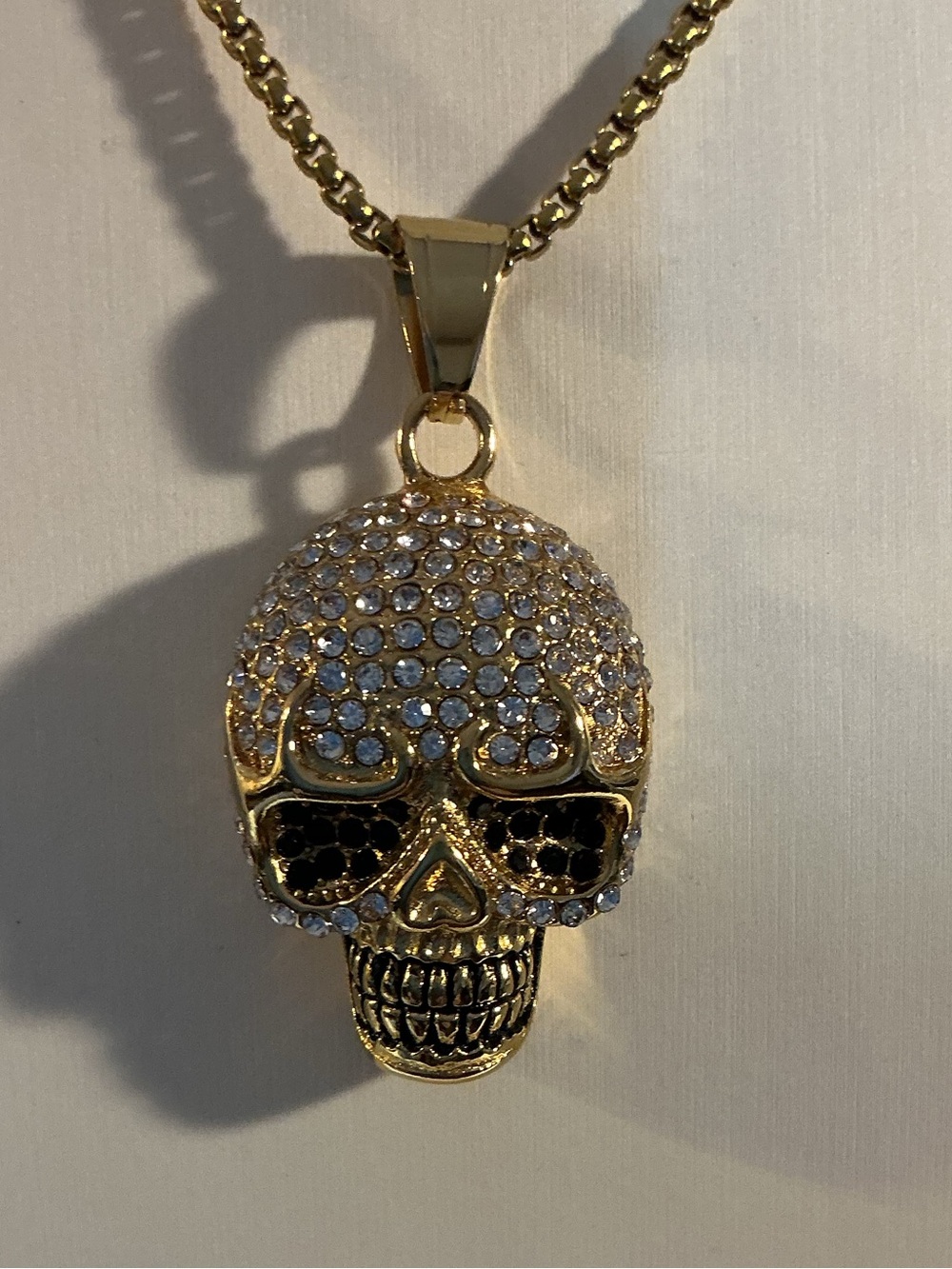Skull Pave’ Rhinestone Iced Out Gothic Statement Gold Tone Pendant Necklace